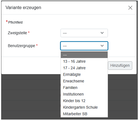 Formular zur Erstellung einer Variante mit den Pflichtfeldern „Zweigstelle“ und „Benutzergruppe“, wobei Letzteres geöffnet ist und eine Dropdown-Liste mit Alters- und Nutzergruppen wie z.B. „13 – 16 Jahre“, „Erwachsene“ und „Institutionen“ anzeigt