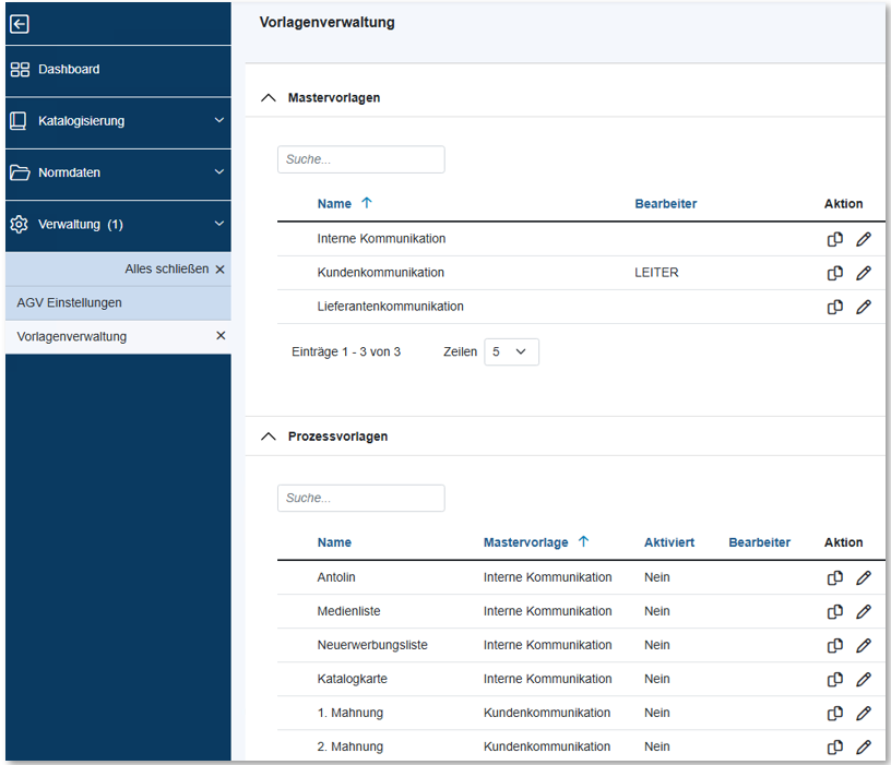 Benutzeroberfläche einer Vorlagenverwaltungssoftware mit Navigationsmenü links und zwei Hauptbereichen rechts: „Mastervorlagen“ mit drei Einträgen und „Prozessvorlagen“ mit mehreren Einträgen, jeweils mit zugeordneten Mastervorlagen und Aktivierungsstatus.