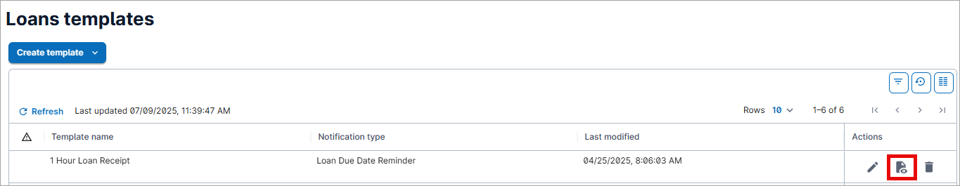 Screenshot of the Loans template screen in WorldShare Circulation