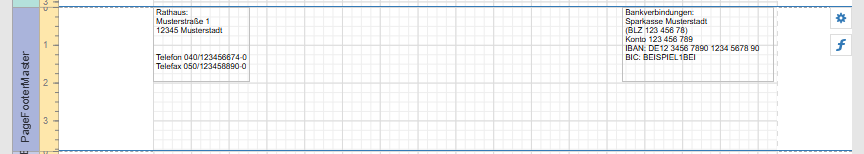 Screenshot einer Dokumentvorlage mit Rasterlinien. Links im Kasten sind Kontaktdaten eines Rathauses mit Adresse, Telefon- und Faxnummern angegeben. Rechts im Kasten stehen Bankverbindungen mit Bankname, BLZ, Kontonummer, IBAN und BIC. Die Felder sind nun nach oben gerückt. Der Rest des Blatts ist leer mit einem karierten Hintergrund.