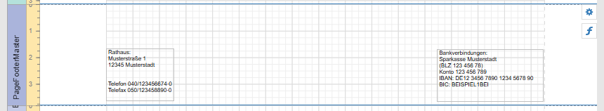 Screenshot einer Dokumentvorlage mit Rasterlinien. Links im Kasten sind Kontaktdaten eines Rathauses mit Adresse, Telefon- und Faxnummern angegeben. Rechts im Kasten stehen Bankverbindungen mit Bankname, BLZ, Kontonummer, IBAN und BIC. Der Rest des Blatts ist leer mit einem karierten Hintergrund.