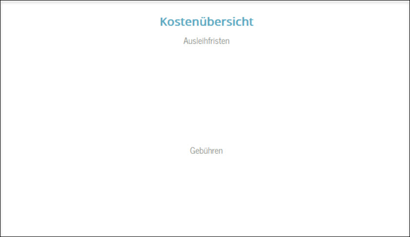 Darstellung einer Bibliotheksübersicht mit der hellblauen, zentrierten Hauptüberschrift „Kostenübersicht“ sowie den schwarz gefärbten Unterüberschriften „Ausleihfristen“ und „Gebühren“. Die Inhalte umfassen Leihfristen für verschiedene Medien und gestaffelte Gebührenregelungen.