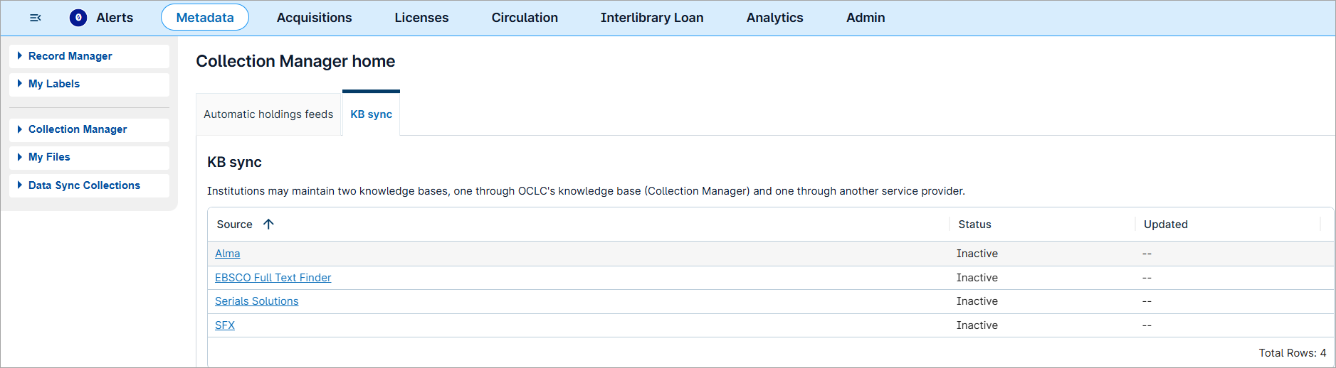 Screenshot of the KB sync tab on the WorldShare Collection Manager homepage