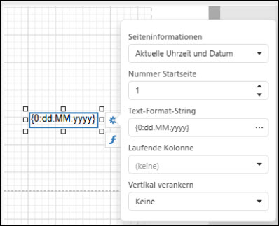 Einstellungsfenster zeigt Optionen zur Seiteninformation mit Auswahl „Aktuelle Uhrzeit und Datum“, Startseitennummer „1“, Textformat-String „{0:dd.MM.yyyy}“ und Einstellungen für laufende Kolonne sowie vertikale Verankerung.