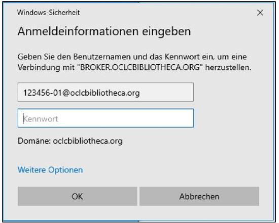 Dialogfenster „Windows-Sicherheit“ mit der Überschrift „Anmeldeinformationen eingeben“. Es enthält zwei Eingabefelder für Benutzername und Kennwort sowie die Domäne „oclcbibliotheca.org“. Unten befinden sich die Schaltflächen „OK“ und „Abbrechen“.