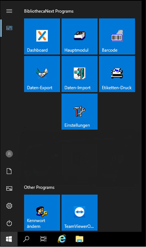 Startmenü zeigt den Bereich „BibliothecaNext Programs“ mit sieben blauen Kacheln: Dashboard, Hauptmodul, Barcode, Daten-Export, Daten-Import, Etiketten-Druck und Einstellungen. Darunter im Bereich „Other Programs“ zwei Kacheln: Kennwort ändern und TeamViewer.