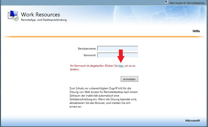 Anmeldeseite „Work Resources“ mit zwei Eingabefeldern für Benutzername und Kennwort. Darunter erscheint in roter Schrift die Meldung „Ihr Kennwort ist abgelaufen. Klicken Sie hier, um es zu ändern“, wobei „hier“ als Link markiert ist. Rechts daneben befindet sich die Schaltfläche „Anmelden“.