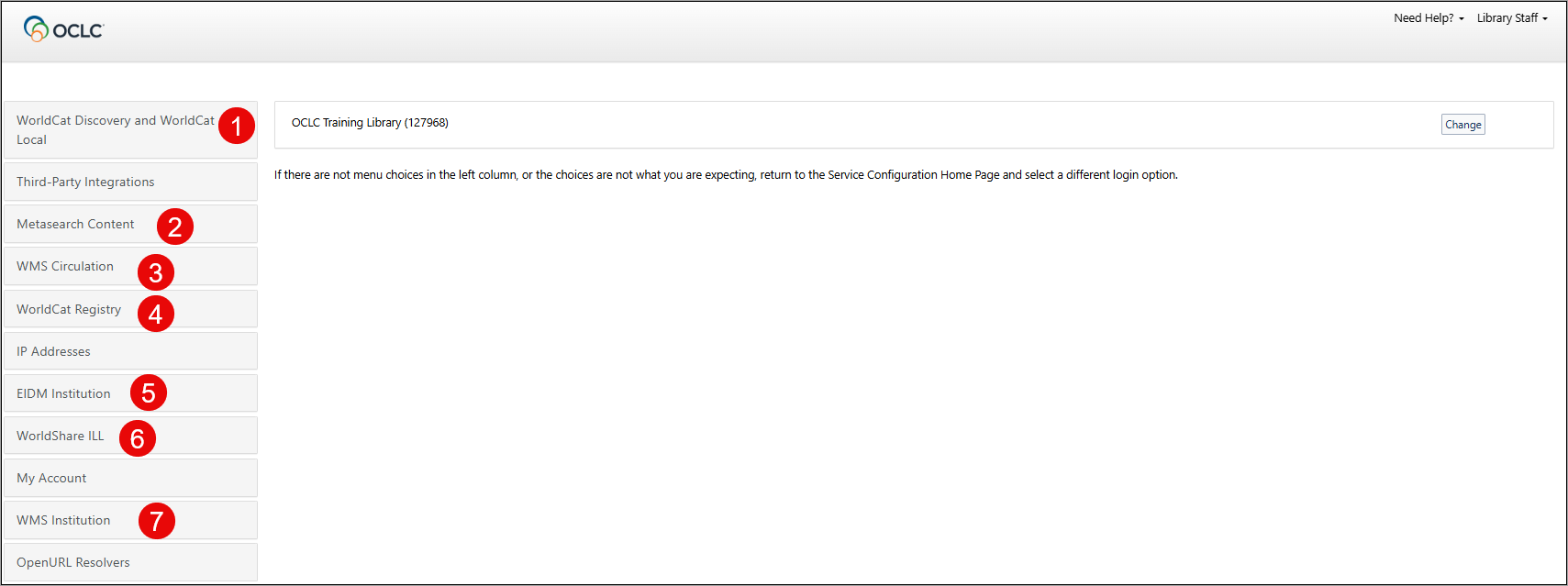 Image of the OCLC Service Configuration interface with seven areas of the left navigation called out