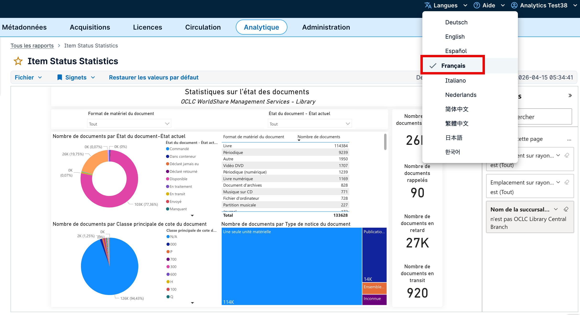 Screenshot of a standard report in French with the language drop-down menu open and Francais selected.