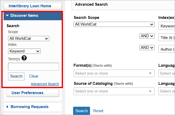 Screenshot of the WorldShare Interlibrary Loan interface with the Discover items section called out