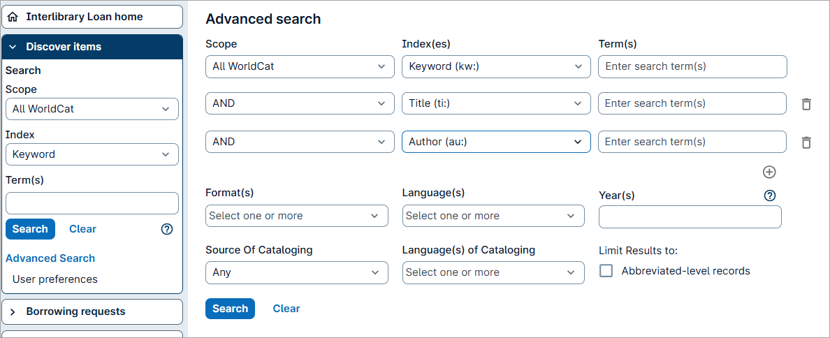Screenshot of WorldShare Interlibrary Loan advanced search screen under Discover Items accordion