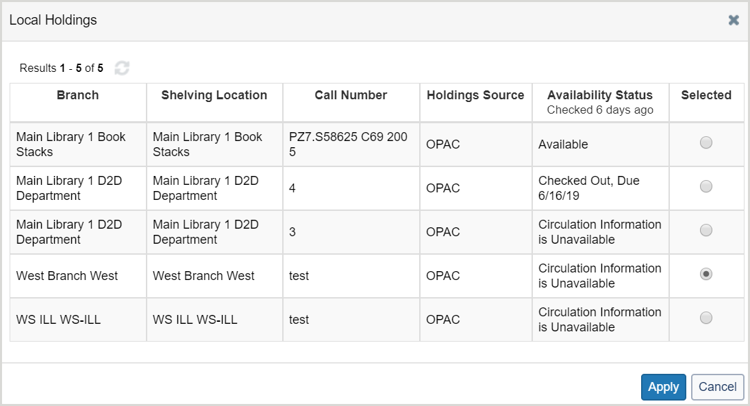 Screenshot of a table of local holdings with their included information