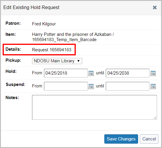 Screenshot of Existing Hold Request dialog box calling out