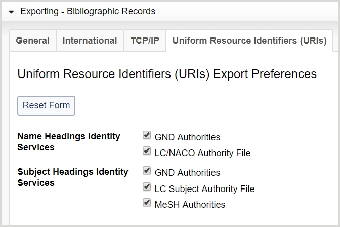 Uniform Resource Identifiers (URIs) tab