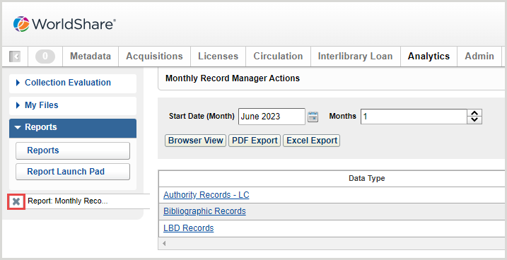 Screenshot of the WorldShare Reports UI with a red square around the x that closes a Metadata report.