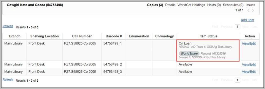 Screenshot highlighting the item status of an item loaned to a borrowing library