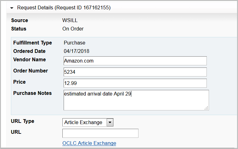 Screenshot of the Purchase Request fields on the request workform