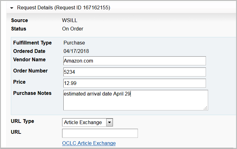 Screenshot of the Request Details accordion and associated fields in Tipasa