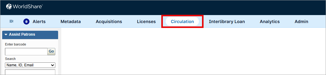 Screenshot of the WorldShare UI with the Circulation module highlighted by a red box
