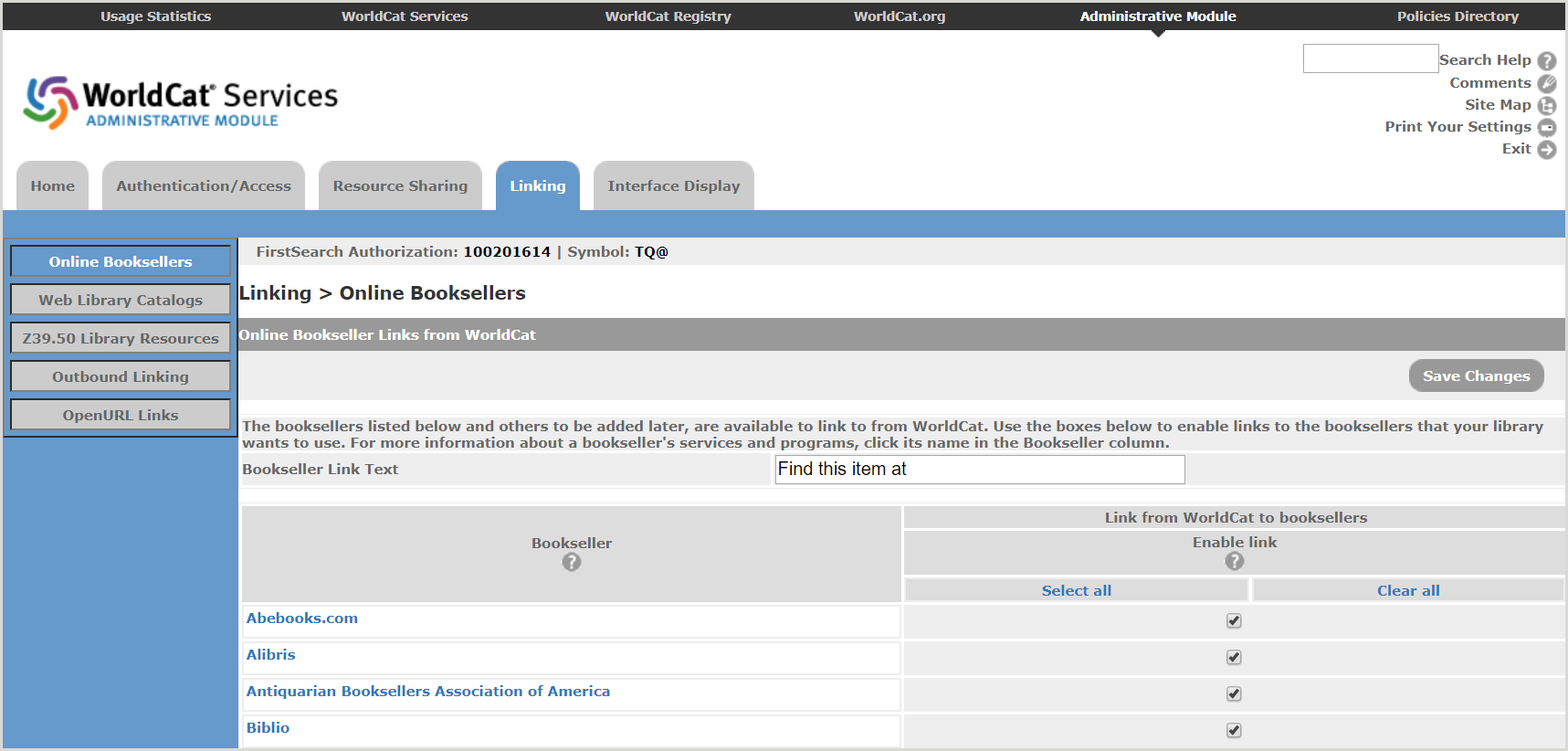 FirstSearch Admin module Online Booksellers screen