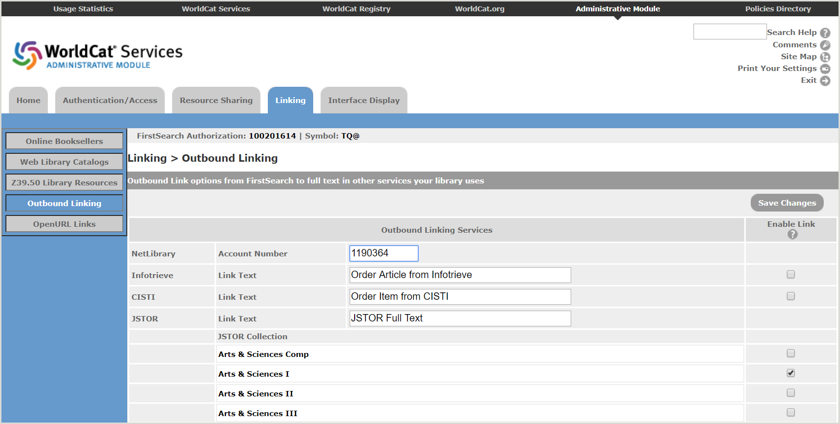 FirstSearch Admin module Outbound Linking screen