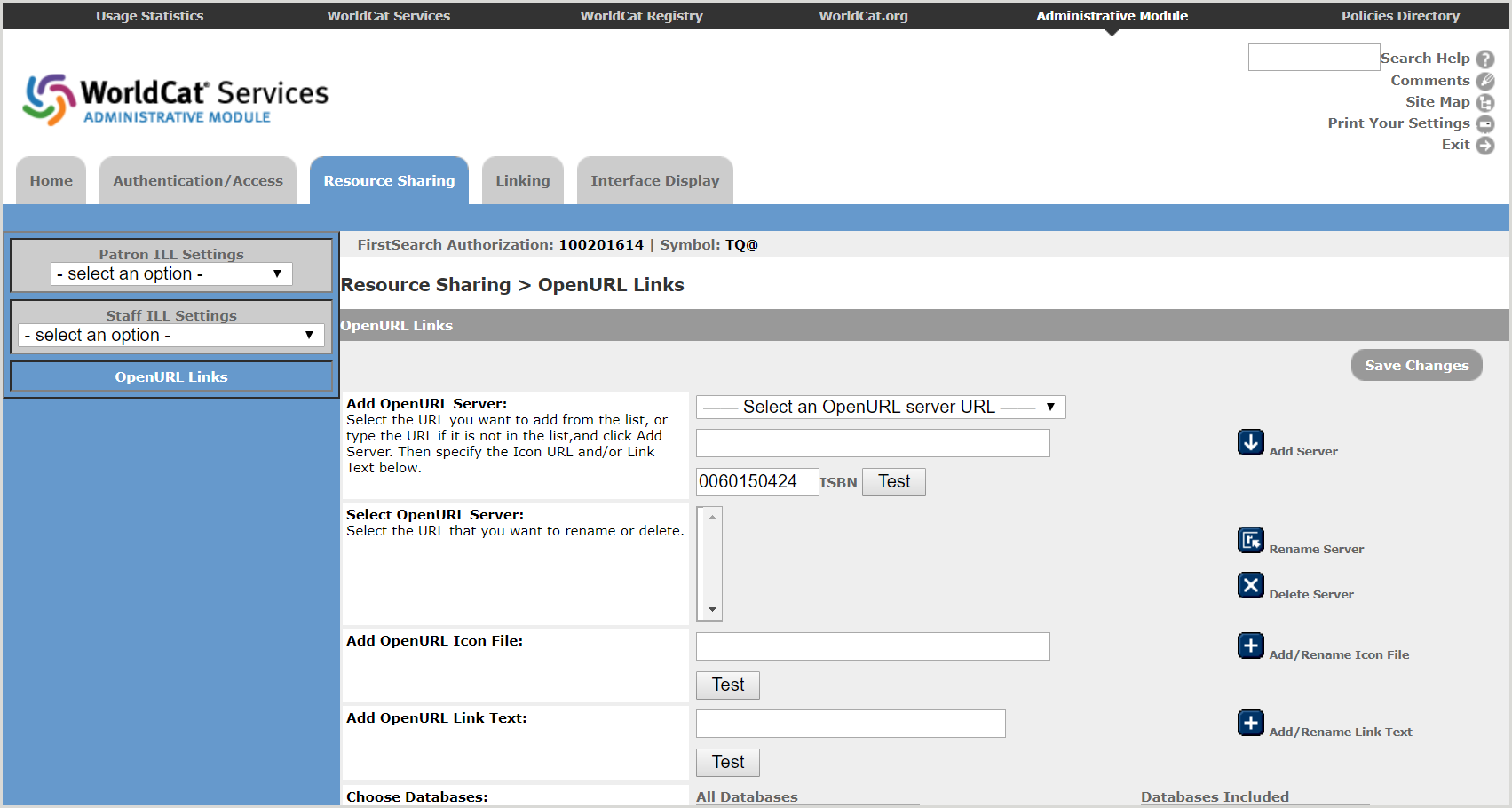 FirstSearch Admin module OpenURL Links screen