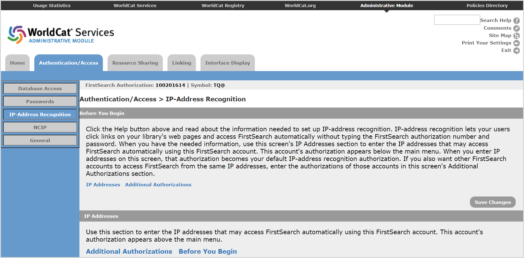FirstSearch Admin module IP-Address Recognition screen