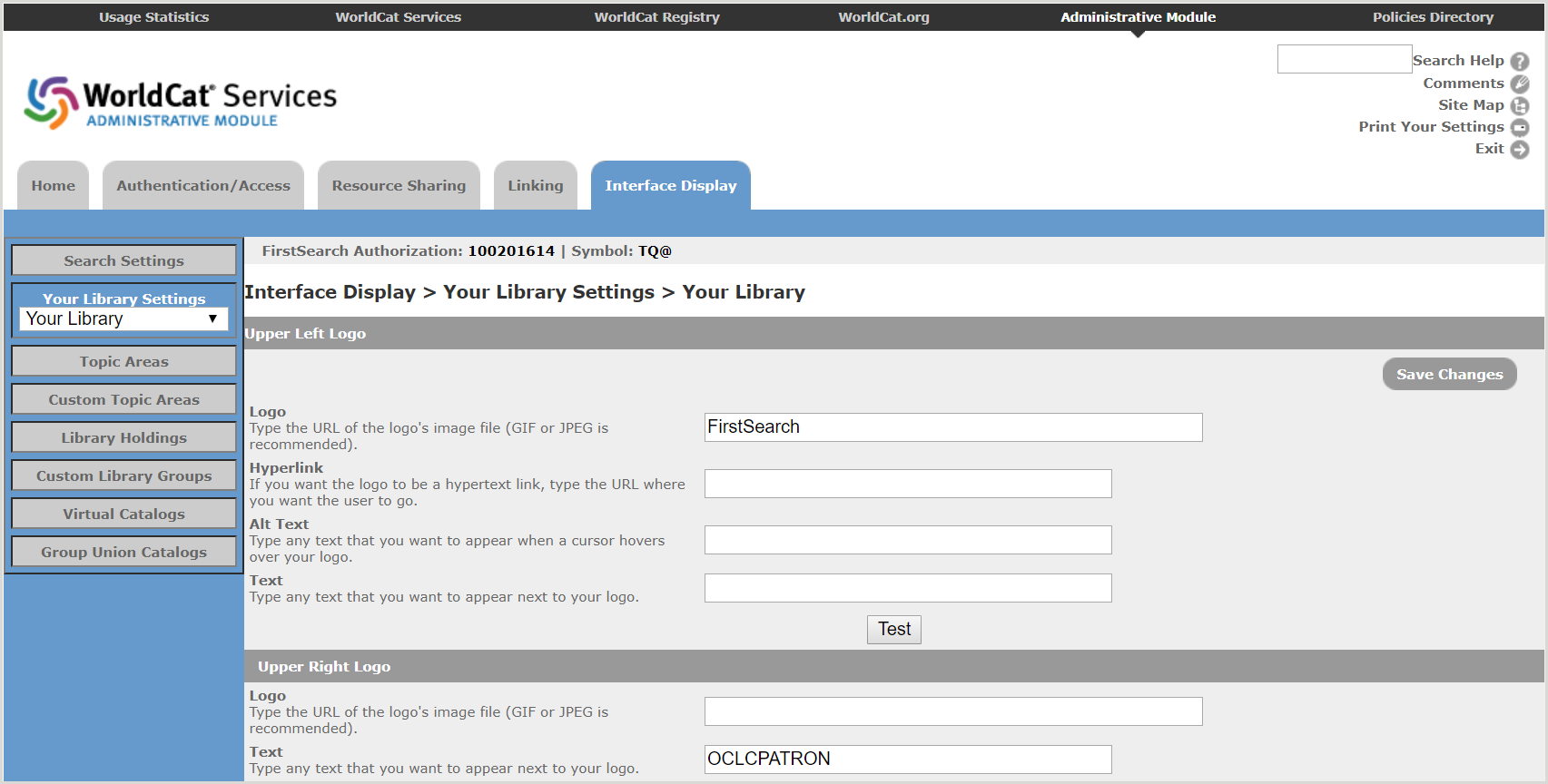FirstSearch Admin module Your Library settings screen