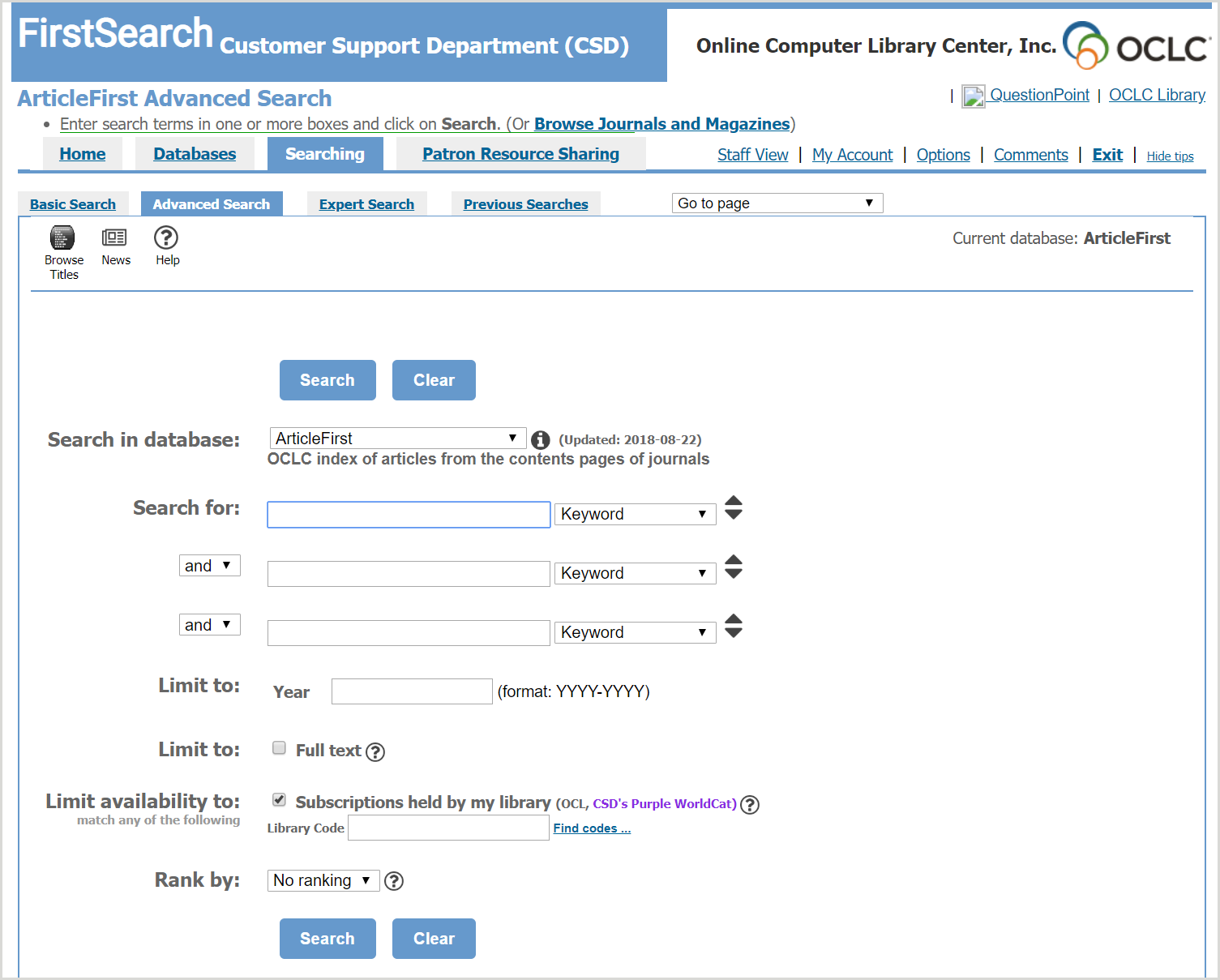FirstSearch Advanced Search screen