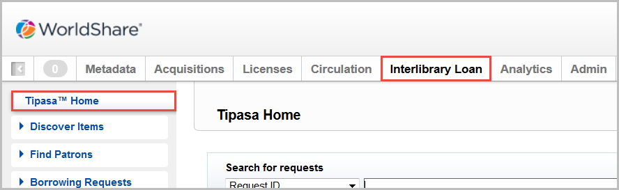 Screenshot of the WorldShare interface with the Interlibrary Loan module and the Tipasa Home button called out