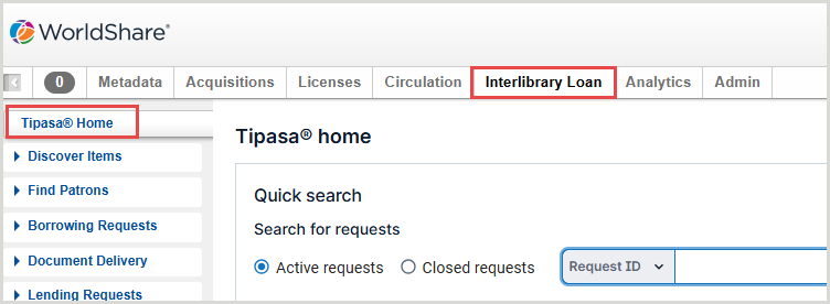 Screenshot of the WorldShare interface with the Interlibrary Loan module and the Tipasa Home button called out