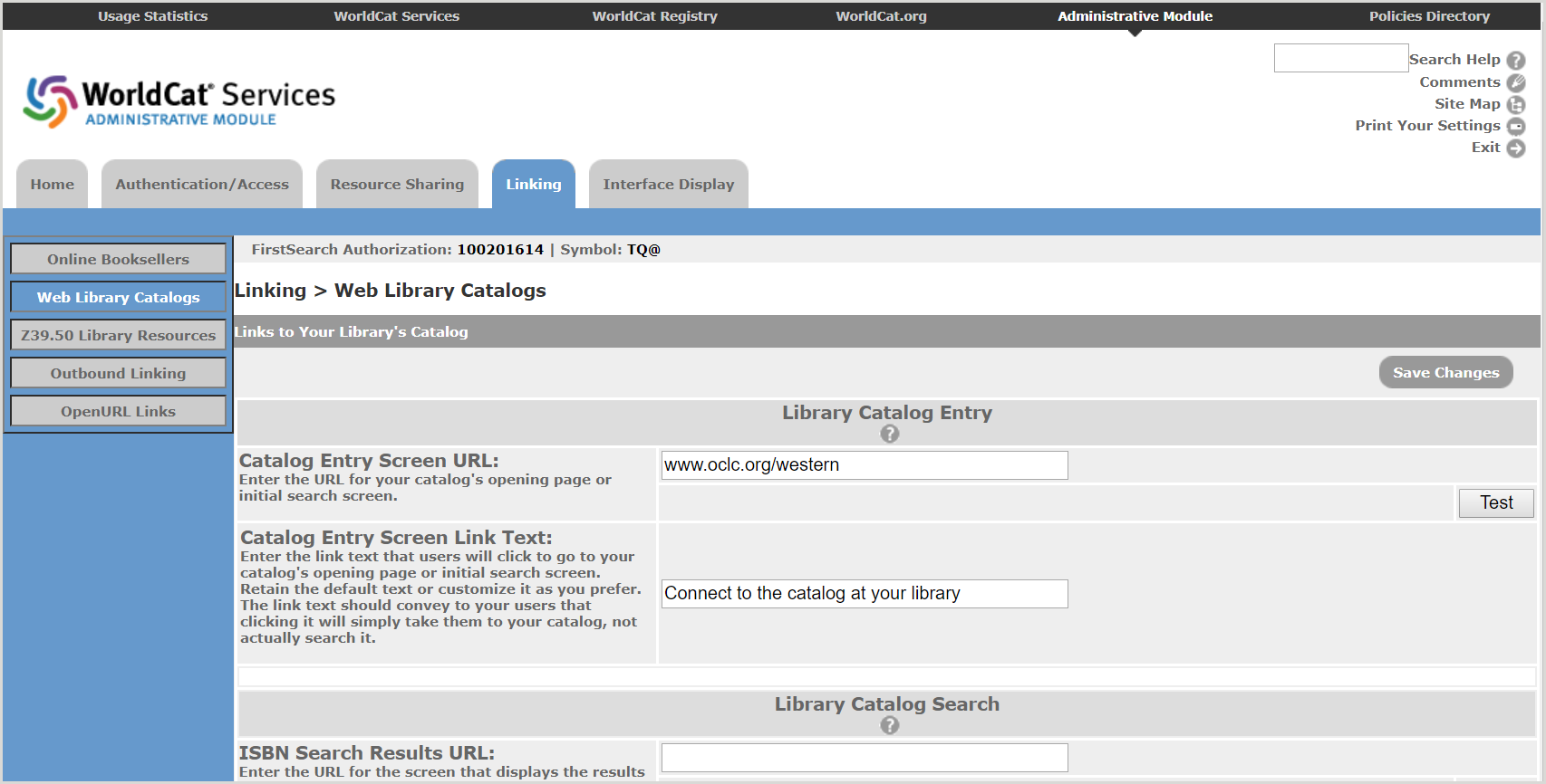 FirstSearch Admin module Web Library Catalogs screen