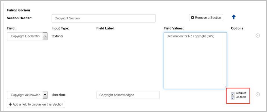 Screenshot of copyright compliance area of the Patron Request form with the requirement area called out