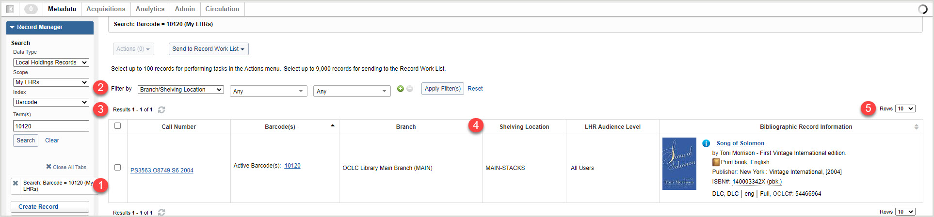 Local holdings records search results screen