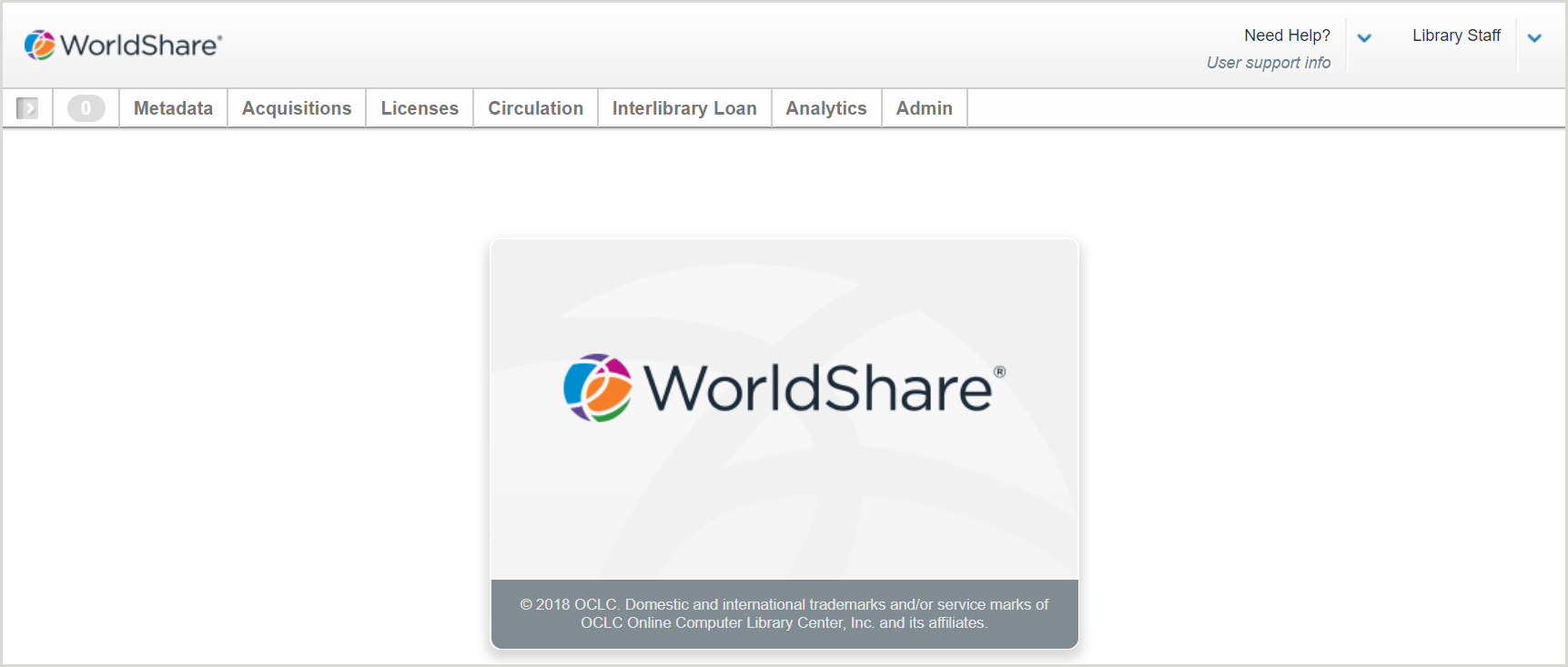 Screenshot of the main landing page of WorldShare User Interface