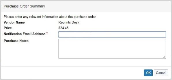 Screenshot of the Purchase Order Summary dialog box in Tipasa