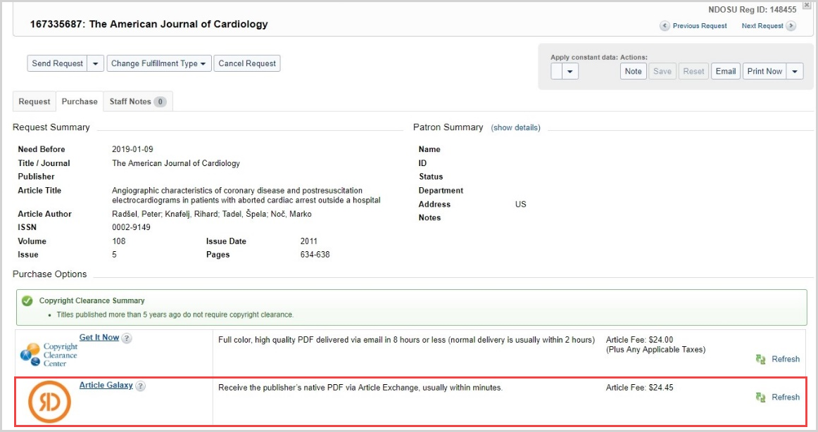 Screenshot of a request form in Tipasa with the Article Galaxy price called out