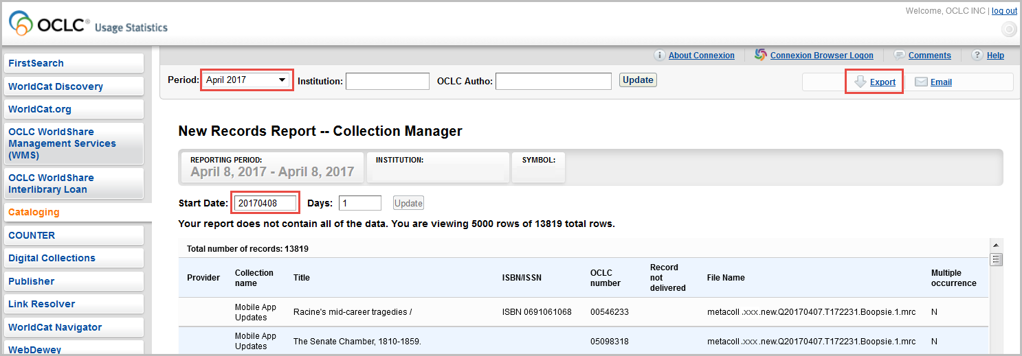 Exporter des rapports sur Gestion des collections du portail Statistiques d’utilisation OCLC