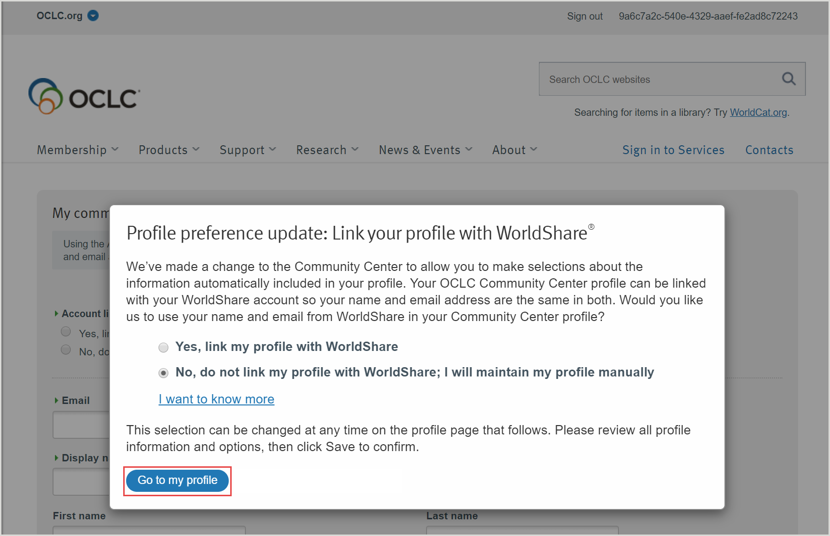 Link your profile with WorldShare dialog window