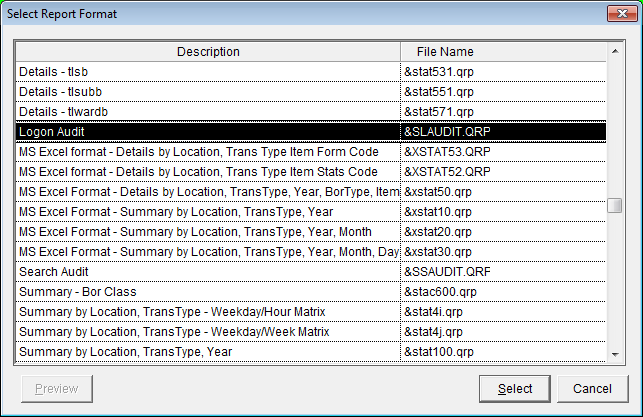 Select Report Format window