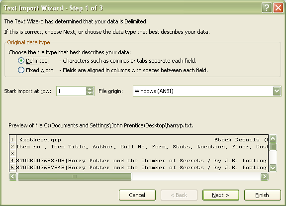 Text Import Wizard - Step 1 of 3 window