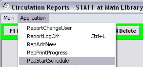 Circulation Reports window - Application > RepStartSchedule