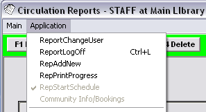 Circulation Reports window - Application menu