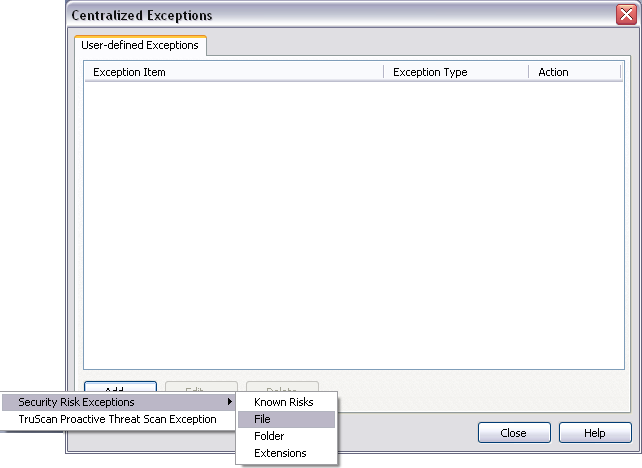 Add File Exception dialog box
