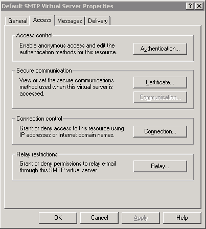 Default SMTP Virtual Server Properties pane