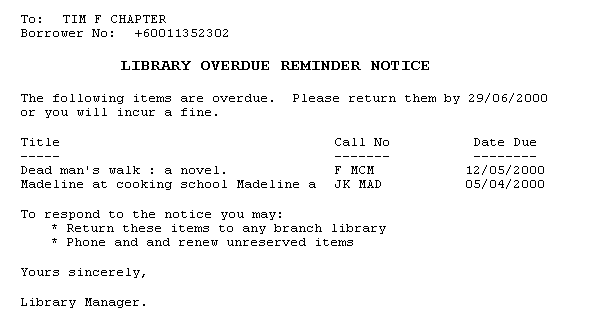 Library Overdue Reminder Notice - example