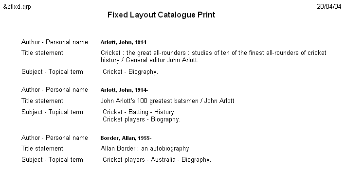 Fixed Layout Catalogue Print (BIBFIXD.QRP) - example 2
