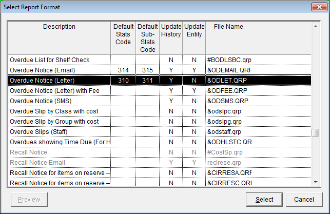 Select Report Format screen