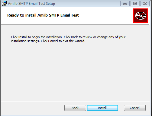 Ready to install Amlib SMTP Email Test window