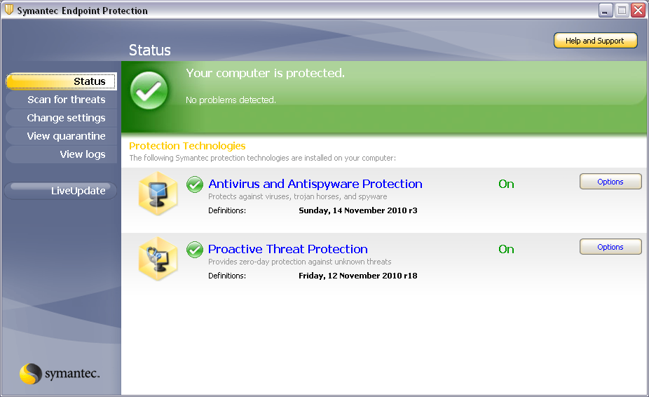 Symantec EndPoint Protection pane